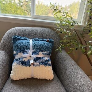100% Handmade Chunky Blue and White Knitted Pillow